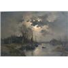 Image 1 : École européenne 19e S./19th C. European School.  "Moonlight over the River Boats"....