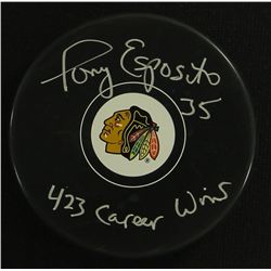 Tony Esposito Signed Blackhawks Logo Hockey Puck Inscribed "423 Career Wins" (Schwartz COA)
