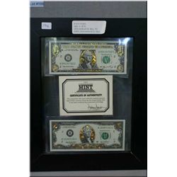 Framed American hologram 2 dollar and 1 dollar bills