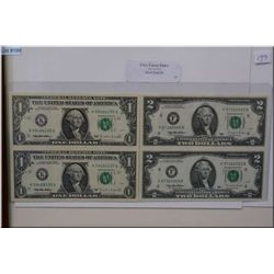 A framed set of US uncut pairs one and two dollar bills