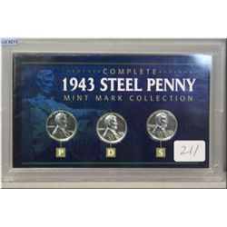 Cased American three coin 1943 steel penny collection