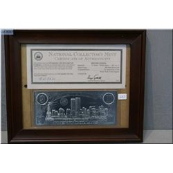 Framed American 99.99% pure silver leaf $20 coin certificate featuring September 11th 7th anniversar