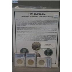 Three graded 1953 half dollar coins including one small date and two large