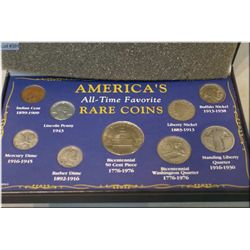 Boxed set of America's All-Time Favourite rare coins including Indian cent, Lincoln penny, Mercury d