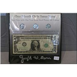 An American green seal one dollar bill and three one year issue steel pennies