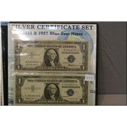 A 1935 and 1957 blue seal American one dollar bills