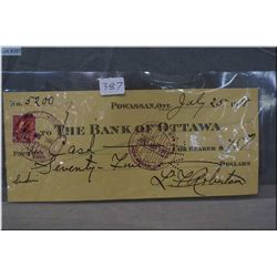 A Canadian 1918 Bank of Ottawa cheque