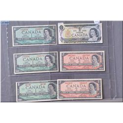 Four Canadian one dollar bills, 1954, 67 and 73 plus two Canadian 1954 two dollar bills