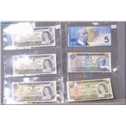 Six Canadian bank notes including three 1973 one dollar bills, 1979 and 2002 five dollar bills and 1