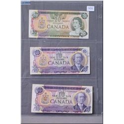 Two Canadian 1971 ten dollar bills and 1979 twenty dollar bill