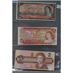 Three Canadian 2 dollar bills, 1954, 74 and 86
