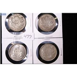 Four Canadian 50 cent pieces including 1951, 1952, 1955 and 1965