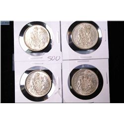 Four Canadian 50 cent pieces including 1961, 1963, 1964 and 1965