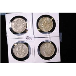 Four Canadian 50 cent pieces including 1950, 1959, 1965 and 1966