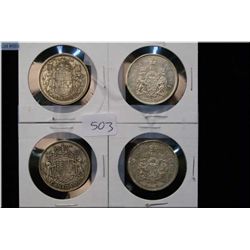 Four Canadian 50 cent pieces including 1938, 1956, 1962 and 1966