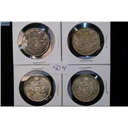Four Canadian 50 cent pieces including 1940, 1952, 1965 and 1966