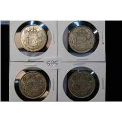 Four Canadian 50 cent pieces including 1941, 1945, 1953 and 1957