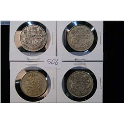 Four Canadian 50 cent pieces including 1943, 1944, 1945 and 1959