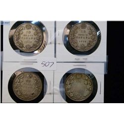 Four Canadian 50 cent pieces including 1918 and 1919
