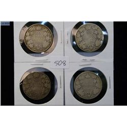 Four Canadian 50 cent pieces including 1909, 1910 etc.