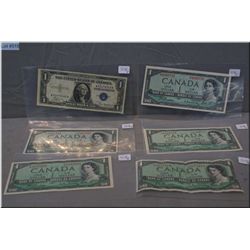 Six $1 bills including 5 X 1954 Canadian bills and one 1935 American $1 bill