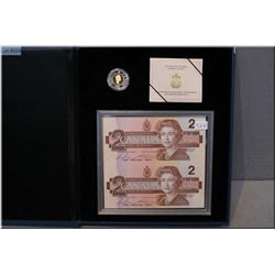 Binder with cased 1996 proof $2 dollar Piedfort and bank note set