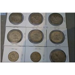 Nine American coins including seven 50 cent pieces 1941-1953, plus two quarters 1943 and 1948