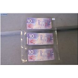 Five 2001 Canadian ten dollar bills "In the Service of Peace" with consecutive serial numbers starti