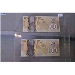 Two 2011 Canadian one hundred dollar bills "Medical Innovation" with consecutive serial numbers star