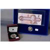 Image 1 : Boxed 1986 two dollar bill and toonie set plus a 2010 twenty five cent colour coin "Gold Finch"