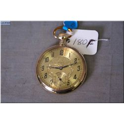Select size 12, 15 jewel gold filled open face pocket watch, fancy gold dial, working at time of cat