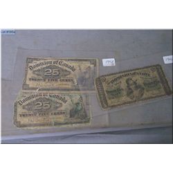 Three antique Dominion of Canada .25 cent shin plasters