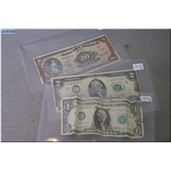 1976 US two dollar bill, 1963 US one dollar bill and a 1969 Mexican twenty peso note