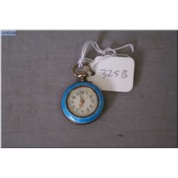 Swiss (800) coin silver pendant watch, open face, light blue enamel with gold star case in excellent