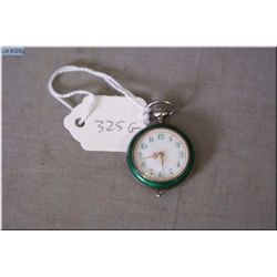 Swiss .925 sterling silver pendant watch with open face, dark green enamel and white cherub decorati