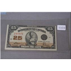 1923 Dominion of Canada .25 cent shin plaster