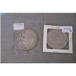 Two English coins including 1892 silver sovereign featuring Queen Victoria second portrait and a Win