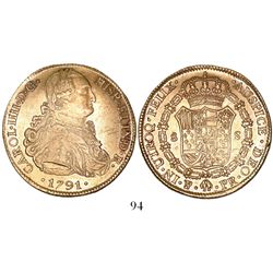 Potosi, Bolivia, bust 8 escudos, Charles IV (laureate bust), 1791PR, very rare one-year type.