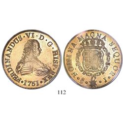 Santiago, Chile, bust 8 escudos, Ferdinand VI, 1751J, encapsulated NGC MS 61, from the Luz (1752).