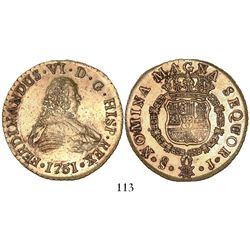 Santiago, Chile, bust 8 escudos, Ferdinand VI, 1751J, from the Luz (1752).