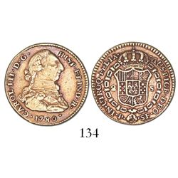 Popayan, Colombia, bust 2 escudos, Charles III, 1780/9SF (not 80/79), rare.
