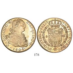 Lima, Peru, bust 8 escudos, Charles IV, 1804JP.
