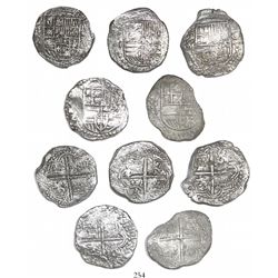 Lot of 5 Potosi, Bolivia, cob 8 reales, Philip III, assayers Q, M and T (where visible), Grade 1.
