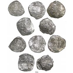 Lot of 5 Potosi, Bolivia, cob 8 reales, Philip III, assayers Q, M and T (all visible), Grade 2.