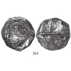 Potosi, Bolivia, cob 4 reales, Philip III, assayer R (curved leg), Grade 1.