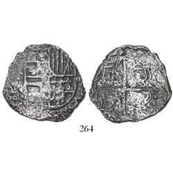 Potosi, Bolivia, cob 4 reales, Philip III, assayer T, Grade 3.