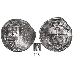 Potosi, Bolivia, cob 2 reales, Philip II, assayer A/B, Grade 1, rare.