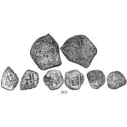Lot of 4 silver-cob minors, various mints, as follows: Mexico, 4R and 1R, Philip V, assayer J; Lima,