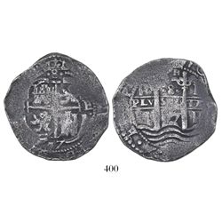 Potosi, Bolivia, cob 8 reales, 1657E, PH at top of pillars, •8• above cross.