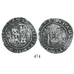 Lima, Peru, 2 reales, Philip II, assayer R (Rincon) to left, motto PL-VSV-LT, rare.